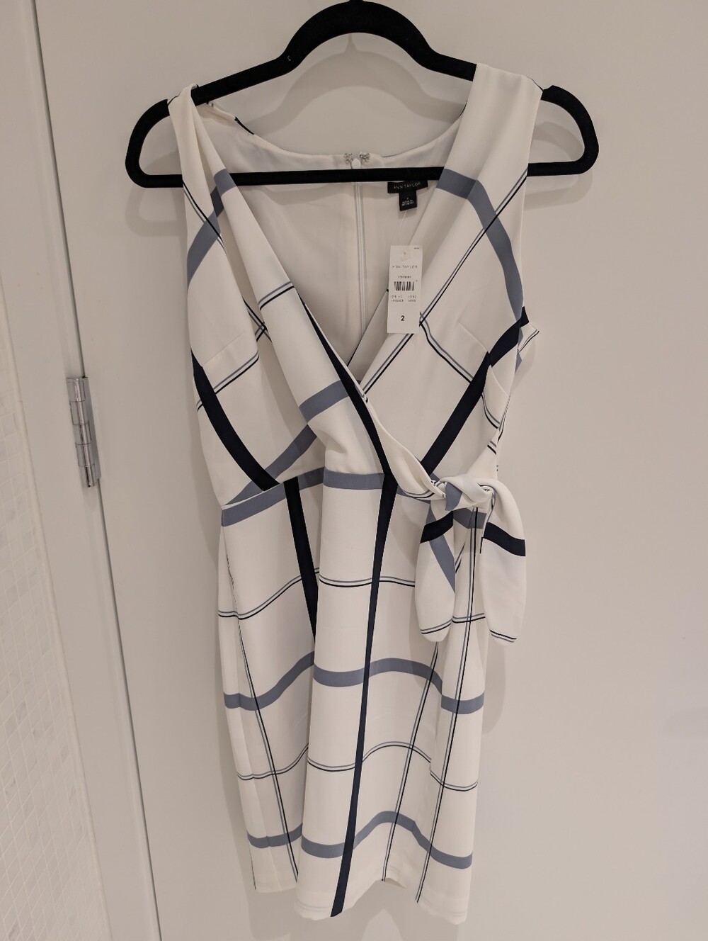 Ann Taylor White Midi Wrap Dress with Navy & Light Gray Windowpane